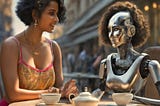 A woman and an android having tea