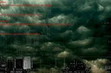 An animation built around an image of dark, menacing storm clouds. Peeking through the clouds is a 386 motherboard, which slowly crossfades to a Code Waterfall effect from the credit sequence of the Wachowskis’ ‘The Matrix.’ The animation crossfades back and forth in an endless loop. Image: Drahtlos (modified) https://commons.wikimedia.org/wiki/File:Motherboard_Intel_386.jpg CC BY-SA 4.0 https://creativecommons.org/licenses/by-sa/4.0/deed.en — cdessums (modified) https://commons.wikimedia.o