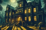 The old and eerie mansion has dark walls and tall, narrow windows. Moonlight casts spooky yellow shadows over the overgrown yard, and tall, twisted trees surround it, adding to the ominous atmosphere.