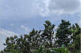 An image with blue sky, white clouds, and green trees