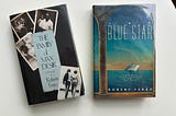 Image shows two books. Left, ‘The Family of Max Desir’ by Robert Ferro — cover art featuring black-and-white photographs of family memories at the top, and a gay coupple arm-in-arm on a beach at the bottom. Right, ‘The Blue Star’ by Robert Ferro, featuring an illustration of a large ship on the ocean, as seen from a stone archway.