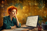 Women sitting at a desk with her computer looking pleased and confident. Background with stylized numbers in gold splotchy pattern.