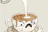 an ai-generated cartoon illustration of an unhappy cup of coffee with wide eyes. Milk is being poured into it, causing it to overflow.