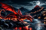 Red dragon by a river at night