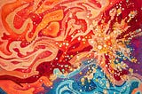 Psychedelic painting with swirling orange, red, and gold patterns — looking a bit like spattered vomit
