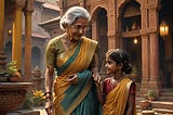 Image of a saree-clad grandma with her young granddaughter.