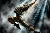 Male dancer wearing combat boots, dressed in camouflage costume, in ballet leap pose, dark background, a beam of light from heaven shining on dancer, watercolor, impressionistic