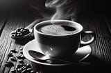 Black and white image of a coffee cup steaming on a  wooden table with coffee beans scattered around.