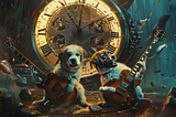 Two puppies hamming it up playing guitars with an apocalyptic round clock in background