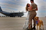 Photo of a soldier welcomed home by his wife and family dog