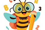 Goofy looking cartoon of a bumble bee wearing big round glasses and holding a pencil.