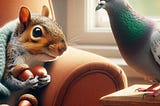 picture of steve the squirrel in therapy on a couch talking to his pigeon psychologist after encounters with a human and a cat