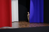 Figure peeking through a red, white, and blue theater curtain