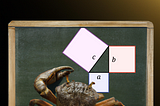 Crab looking at the Pythagorean theorem on a chalkboard.