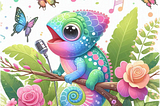 Image of a colorful chameleon singing in a garden with flowers and butterflies in the background.