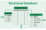 An Image showing a sample Relational Database with three tables, Students, StudentCourses, and Courses, with some data.
