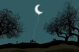 illustration: someone sits on a park bench at night and shoots the crescent moon with an arrow-tipped string