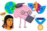 A scholarly brain holding a book is surrounded by a globe, theater masks, Cleopatra, and a sports medal.