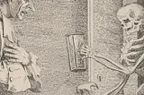 A skeleton holding opening a door and handing a sand hourglass to a frightened man.