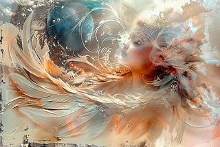AI painting of a cosmic scene with earth in the distance and a girl’s serene face surrounded by white feathers and patterning.