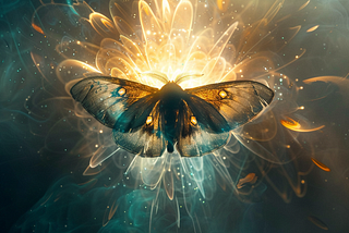 A magical moth flies right into the center of a radiant Divine Light core of immortality and flesh body ascension.