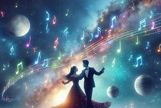 A couple dressed in formal wear dancing in outer space, surrounded by music notes.