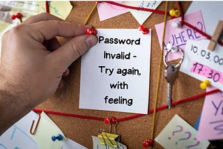 Bulletin board with a post-it note saying “Password Invalid — Try again, with feeling.”