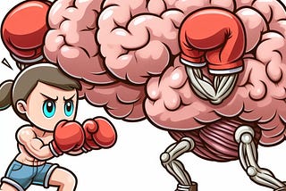 A brown-haired woman fights a giant brain.