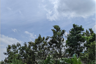An image with blue sky, white clouds, and green trees
