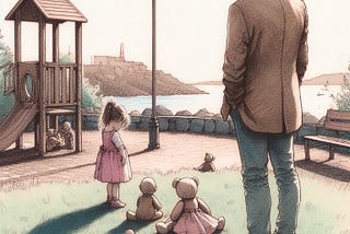 A pen and watercolor image. Subtle colors. Setting is a Children’s playground next to a lake. A little girl is playing with her dolls on the grass. Her father is standing nearby with his hands in his pockets, looking sad.