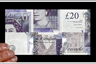 A colour image of a £20 note, but the note is muddled up with the top right of the note now located in the top left and vice versa, to reflect the topsy-turvy nature of the Parable of the Talents which is an analogy that is about neither money nor talents.