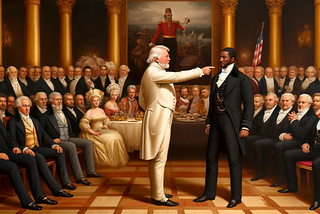 a group of white colonialists lecturing and pointing finger at a black leader
