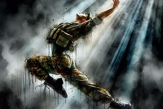 Male dancer wearing combat boots, dressed in camouflage costume, in ballet leap pose, dark background, a beam of light from heaven shining on dancer, watercolor, impressionistic