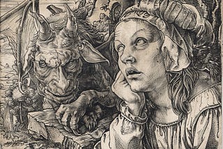 An image in the style of German master engravers with a woman on the right pondering the presence of a demon beside her.