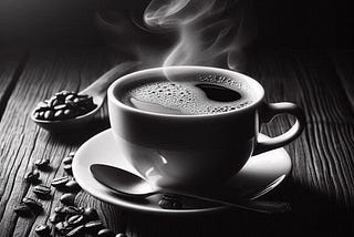 Black and white image of a coffee cup steaming on a  wooden table with coffee beans scattered around.