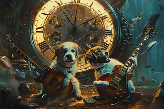 Two puppies hamming it up playing guitars with an apocalyptic round clock in background
