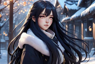 A gorgeous Asian woman with long black hair in the snow.