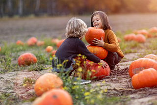 Kids playing at a pumpkin patch
