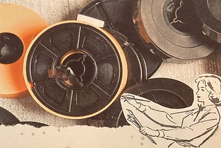 collage of vintage magazine images featuring an illustration of a woman with a paintbrush, and photos of film cans