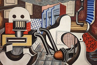 Modernist abstract painting of buildings and machinery. When inputs don’t match up to outputs, nothing makes sense