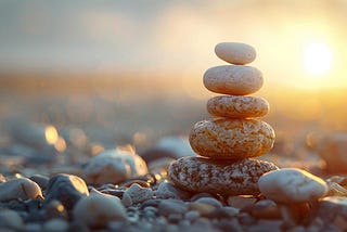A stack of 5 differently-sized pebbles on a pebble beach in the foreground with a rising sun in the background.