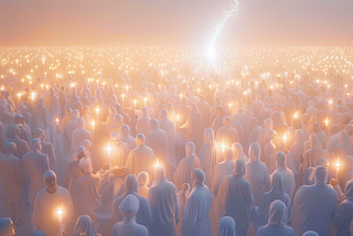 The 144,000 Ascended Masters and Lords of Light on Earth who bear the mark of the Christ above their foreheads. A shaft of Light descends from the heavens to energize them.