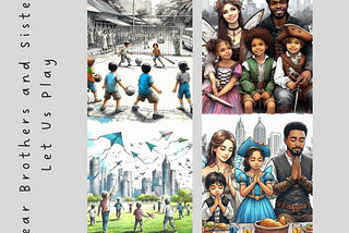 Four images are presented as a collage. They show children playing in a blocked street, kids flying kites in a park, a family wearing costumes, and a family praying before eating their picnic.