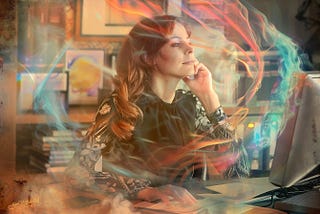 Photo of a woman at a home computer with colorful energy waves around her, as if she is receiving intuition.