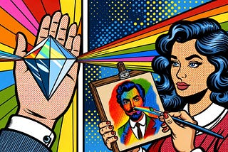 AI image in the cartoon style of 1960s. Personalization as a prism or as a portrait. UX lessons from Google about AI personalization algorithm and what we should do about them.