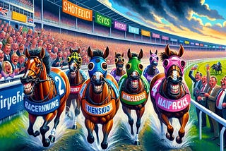 A vibrant and humorous scene at a racehorse event, featuring racehorses with cheeky names on their bibs. The racetrack is lively with a cheering crowd, colorful banners, and an excited atmosphere. The horses are in action, showcasing their speed and agility, creating a playful and joyous race night.