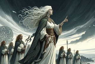 Female Druid preaching on a hill under stormy skies