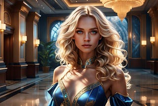 A gorgeous blonde woman in a glamorous blue garment, in a hotel lobby.