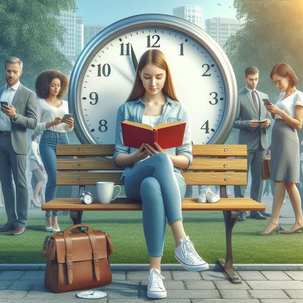 At a park, a young girl sits on a brown bench reading a red book with a white cup and a small clock placed on the right side. Behind her is a huge clock. Two men and two women are standing around her checking their cell phones.