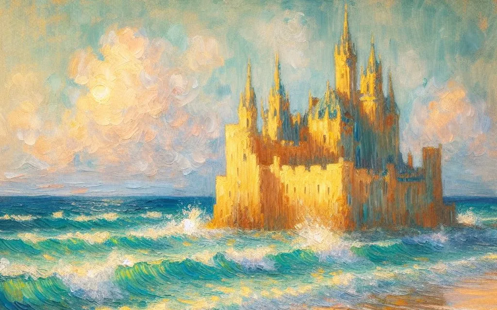 An Impressionistic View of a Sandcastle Near an Ocean Surrounded by Blue-Green Waves and a White-Pink Clouded Sky